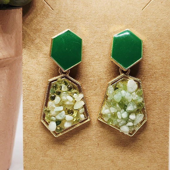 Source Unknown Jewelry - Green Geometric Stone Chip Drop Earrings Gold Tone‎ Hexagon Statement Jewelry
